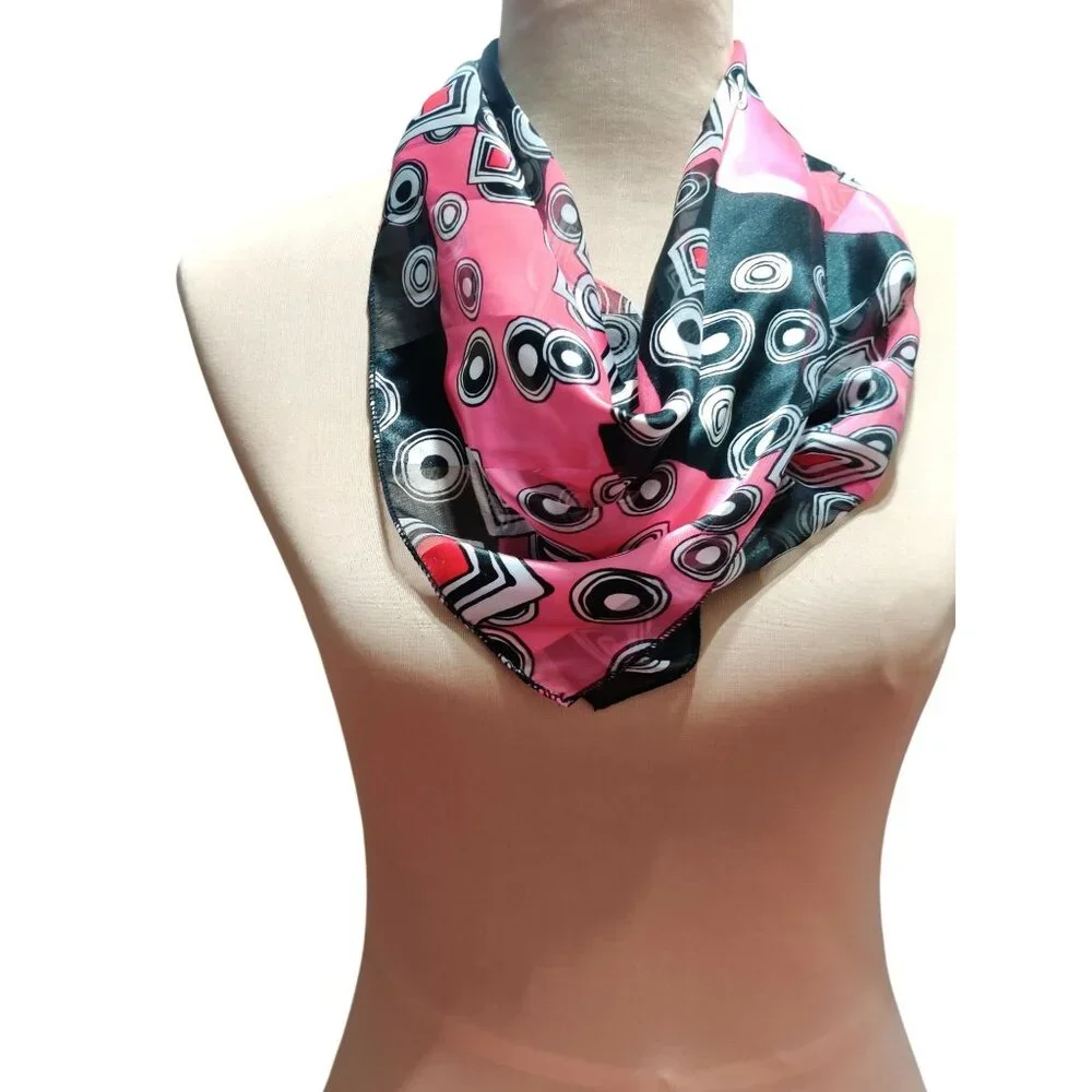 Womens Scarf Pink Black Geometric Print Lightweight Sheer Square Mod Retro Chic